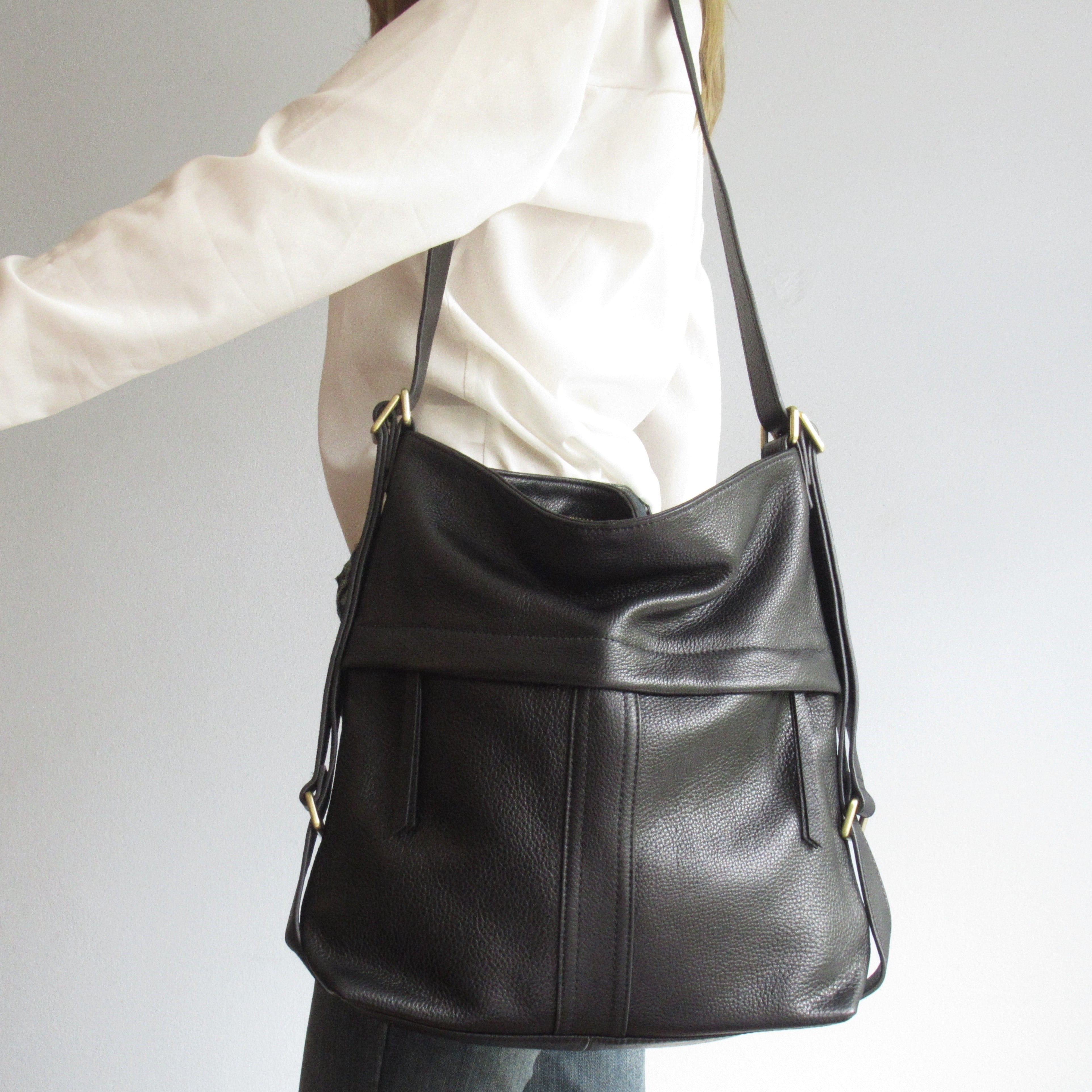 Convertible Leather Backpack in Black