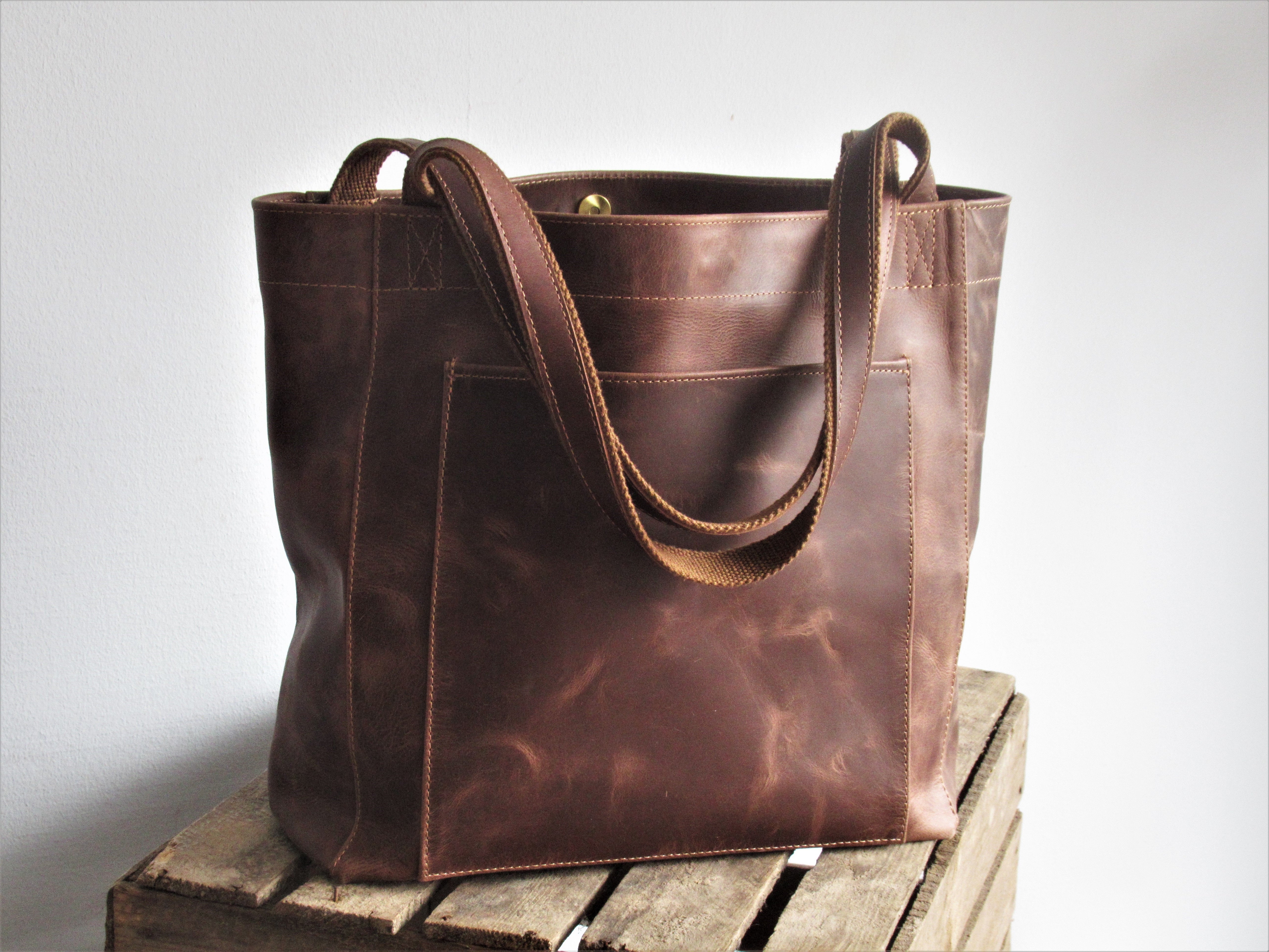 Large Leather Bag,Brown Leather Tote Bag,Teacher Bag With Two Pocket , –  icambag