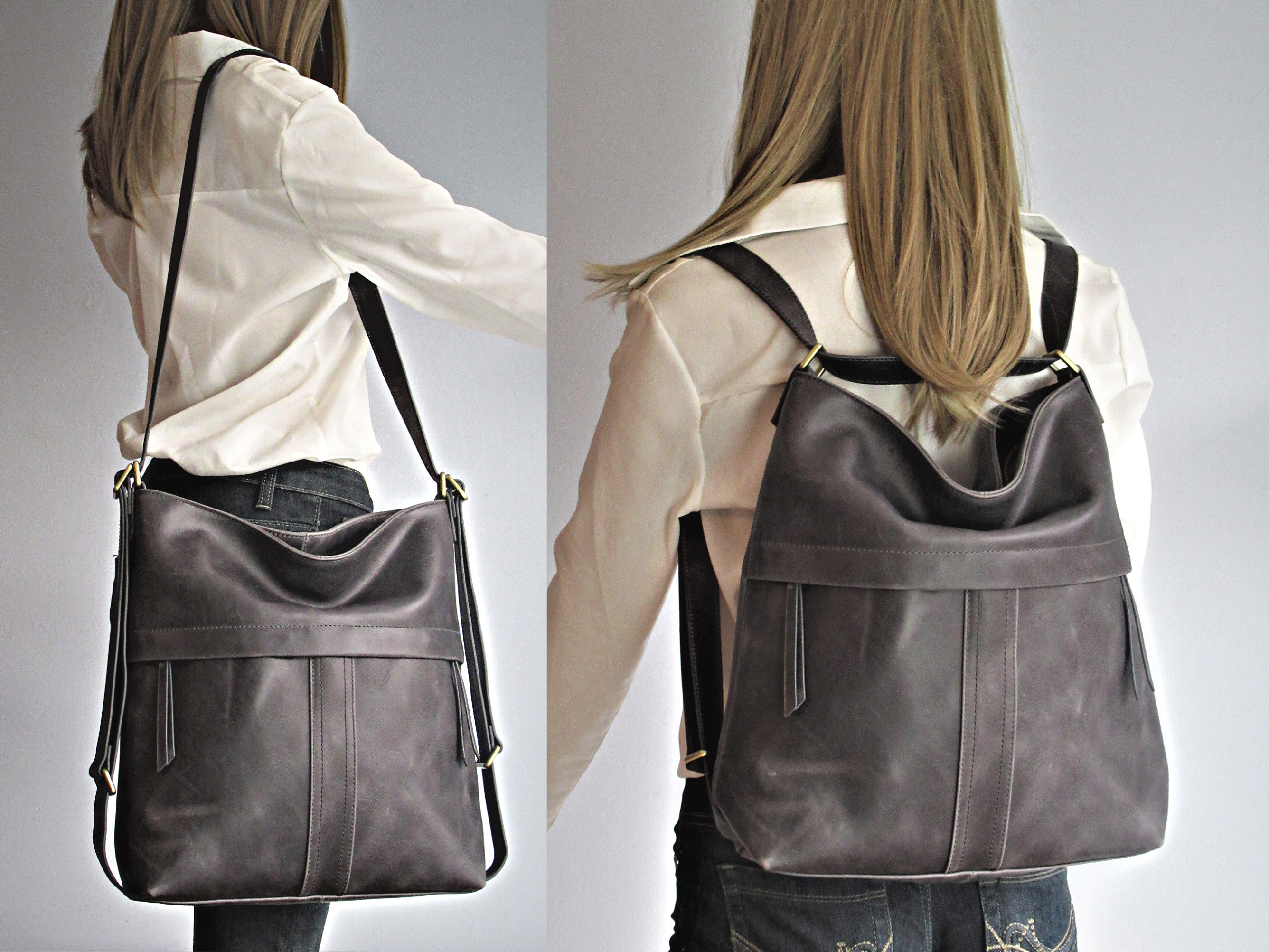 Grey leather shop backpack